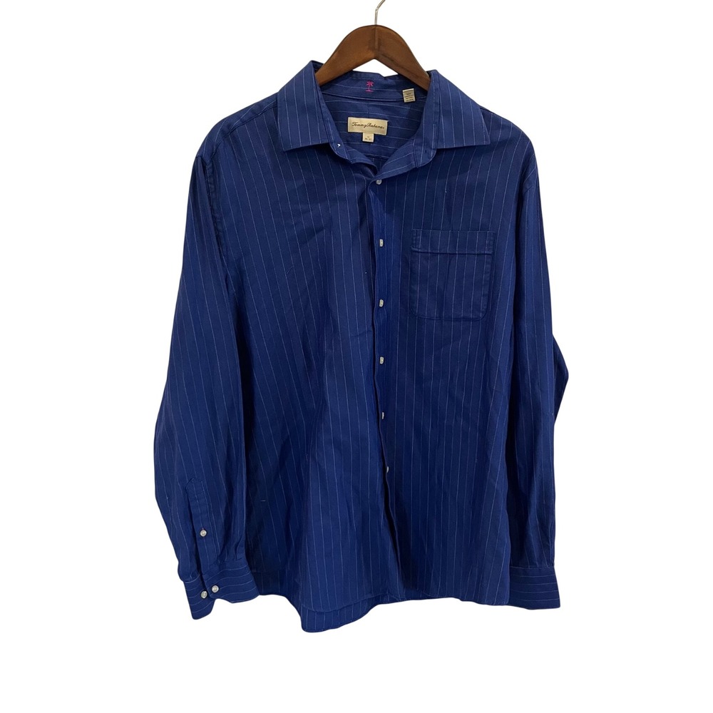 Tommy Bahama Mens Blue Pinstripe Herringbone Cotton Button Shirt 17 36-37 - 084